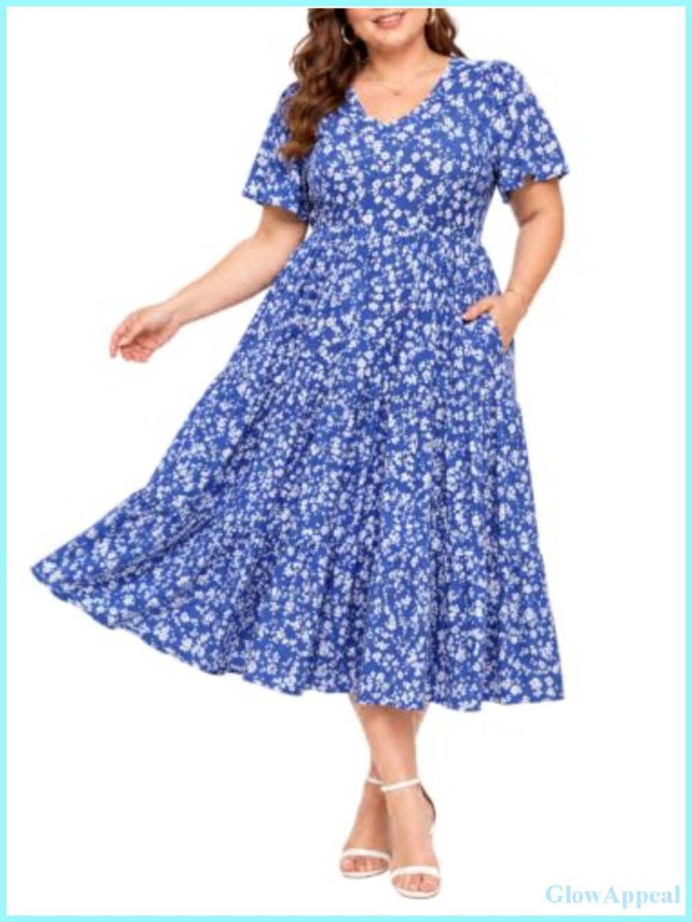 Plus Size Tiered Midi Dress with Pockets, V-Neck Short Sleeve, Flowy Casual